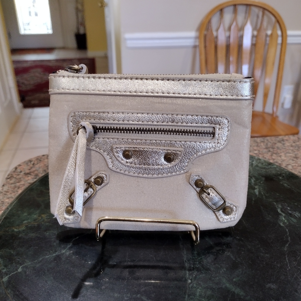 Balenciaga Paris Gold Leather Trim Card Coin Zip Holder
